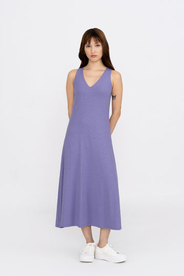 Yacht21, Yacht 21, yacht21, yacht 21, Y21, y21, womenswear, ladieswear, ladies, fashion, clothing, fuss-free, low ironing, casual, easy, versatile, comfortable, elegant, feminine, classic, dress, maxi dress, maxi, knit, ribbed, sleeveless, minimal, simple, staple, basic, v-neck, yellow, green, purple, Justina V-Neck Maxi Dress in Wisteria Purple