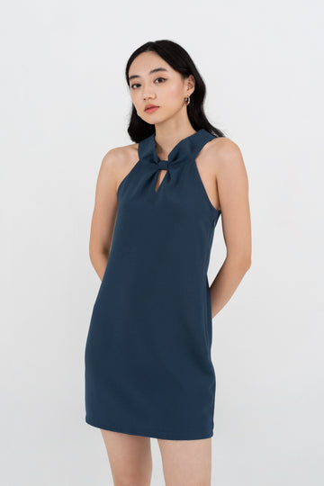 Yacht21, Yacht 21, yacht21, yacht 21, Y21, y21, womenswear, ladieswear, ladies, fashion, clothing, fuss-free, low ironing, wrinkle resistant, easy, versatile, simple, minimal, comfortable, occasion, dress, short dress, sleeveless, blue, Marjorie Halter Neck Dress in Teal Blue