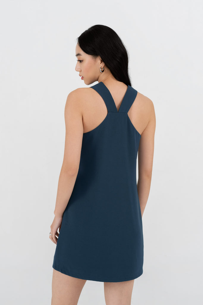 Yacht21, Yacht 21, yacht21, yacht 21, Y21, y21, womenswear, ladieswear, ladies, fashion, clothing, fuss-free, low ironing, wrinkle resistant, easy, versatile, simple, minimal, comfortable, occasion, dress, short dress, sleeveless, blue, Marjorie Halter Neck Dress in Teal Blue