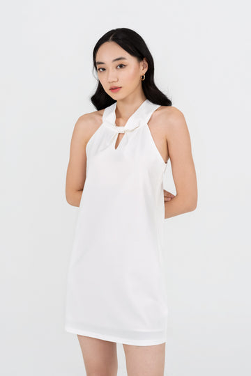 Yacht21, Yacht 21, yacht21, yacht 21, Y21, y21, womenswear, ladieswear, ladies, fashion, clothing, fuss-free, low ironing, wrinkle resistant, easy, versatile, simple, minimal, comfortable, occasion, dress, short dress, sleeveless, white, Marjorie Halter Neck Dress in Pearl White