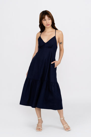 Yacht21, Yacht 21, yacht21, yacht 21, Y21, y21, womenswear, ladieswear, ladies, fashion, clothing, casual, easy, versatile, comfortable, elegant, feminine, classic, dress, midi dress, long dress, sleeveless, adjustable, straps, minimal, simple, staple, basic, seasonless, cotton, v-neck, navy blue, backless, pockets, Marguerite Strap Cross Back Midi Dress