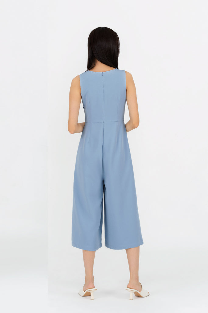 Yacht21, Yacht 21, yacht21, yacht 21, Y21, y21, womenswear, ladieswear, ladies, fashion, clothing, fuss-free, low ironing, wrinkle free, casual, easy, versatile, comfortable, sleeveless, blue, pockets, festive, twist front, jumpsuit, Giovanna Wrap Front Jumpsuit