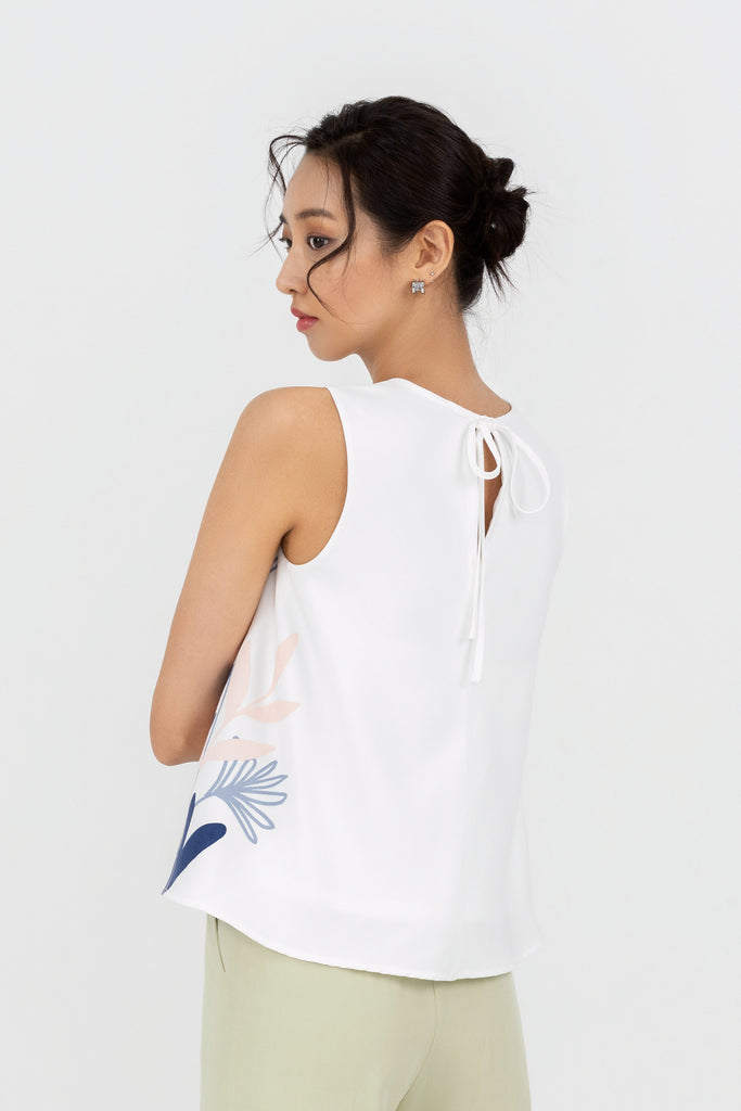 Yacht21, Yacht 21, yacht21, yacht 21, Y21, y21, womenswear, ladieswear, ladies, fashion, clothing, fuss-free, low ironing, casual, easy, versatile, comfortable, elegant, feminine, top, blouse, classic, sleeveless, ribbon, flowy, white, simple, printed, pattern, Brigette Tie-Back Sleeveless Blouse