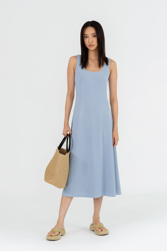 Yacht21, Yacht 21, yacht21, yacht 21, Y21, y21, womenswear, ladieswear, ladies, fashion, clothing,  fuss-free, low ironing, casual, easy, versatile, comfortable, elegant, feminine, classic, dress, midi dress, midi, knit, ribbed,  sleeveless, minimal, simple, staple, basic, blue, Christie Sleeveless A-Line Midi Dress