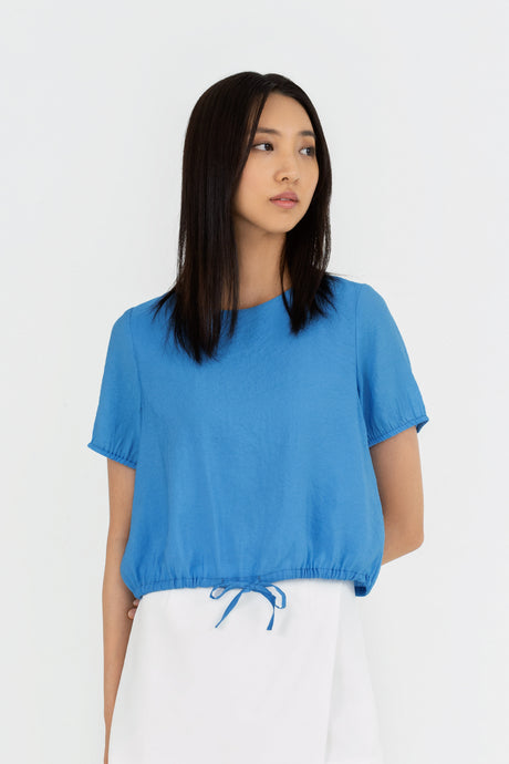 Yacht21, Yacht 21, yacht21, yacht 21, Y21, y21, womenswear, ladieswear, ladies, fashion, clothing, fuss-free, low ironing, wrinkle free, casual, easy, versatile, comfortable, classic, basic, top, sleeves, crew neck, regular, drawstring, staple, classic, minimal, simple, relaxed, blue, Rebecca Drawstring Hem Top in Azure Blue