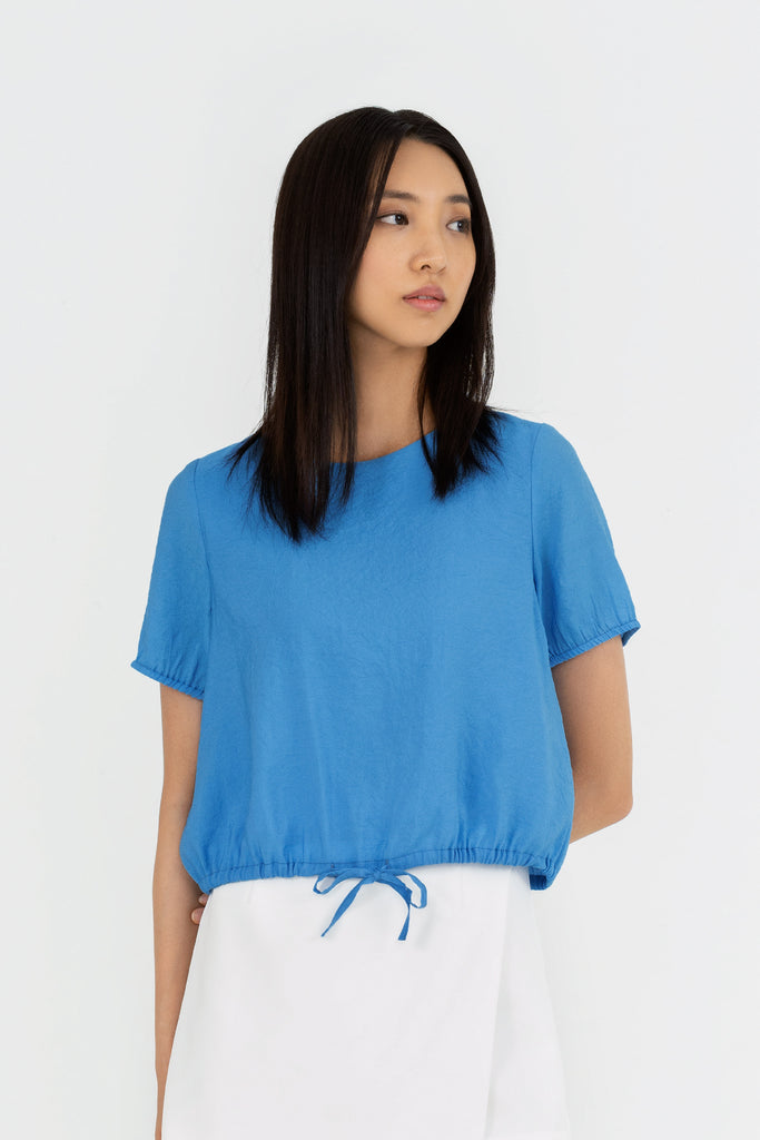 Yacht21, Yacht 21, yacht21, yacht 21, Y21, y21, womenswear, ladieswear, ladies, fashion, clothing, fuss-free, low ironing, wrinkle free, casual, easy, versatile, comfortable, classic, basic, top, sleeves, crew neck, regular, drawstring, staple, classic, minimal, simple, relaxed, blue, Rebecca Drawstring Hem Top in Azure Blue