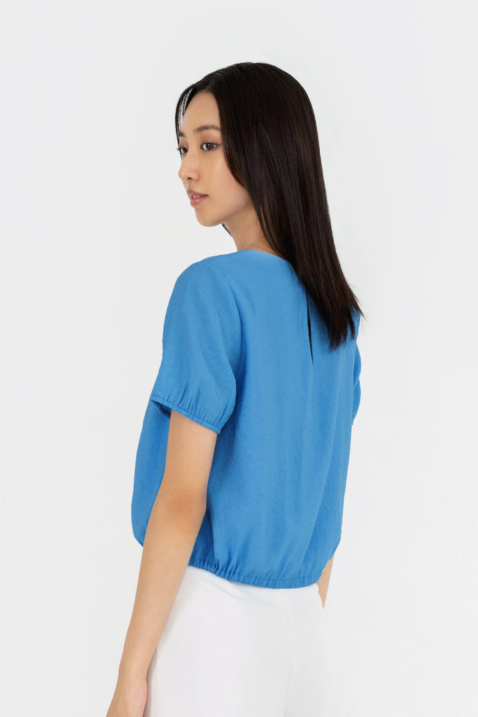 Yacht21, Yacht 21, yacht21, yacht 21, Y21, y21, womenswear, ladieswear, ladies, fashion, clothing, fuss-free, low ironing, wrinkle free, casual, easy, versatile, comfortable, classic, basic, top, sleeves, crew neck, regular, drawstring, staple, classic, minimal, simple, relaxed, blue, Rebecca Drawstring Hem Top in Azure Blue