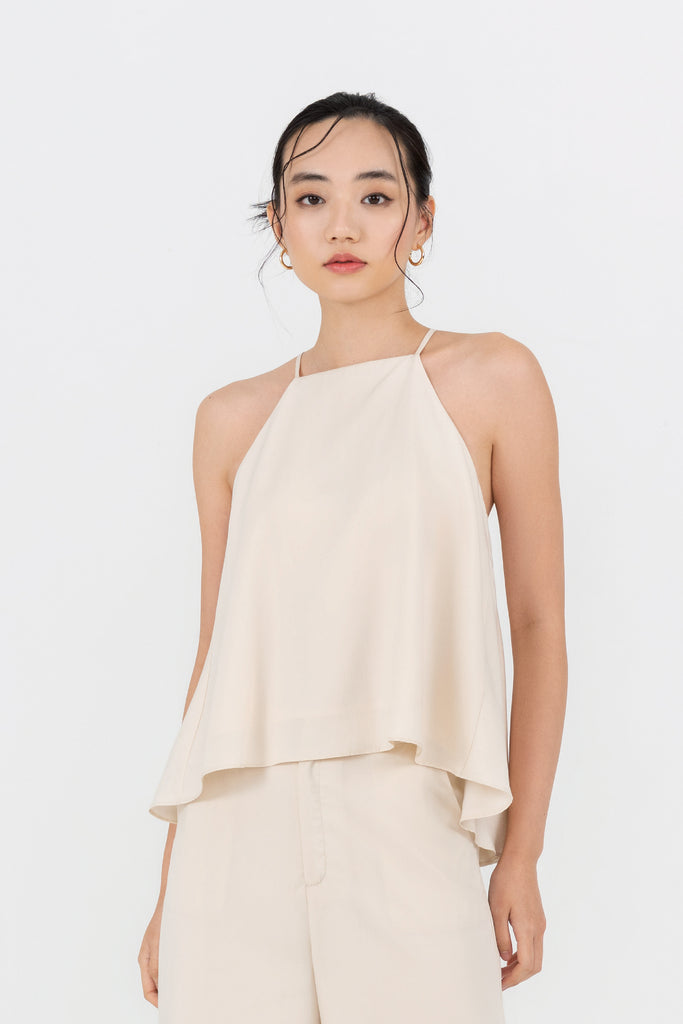 Yacht21, Yacht 21, yacht21, yacht 21, Y21, y21, womenswear, ladieswear, ladies, fashion, clothing, fuss-free, low ironing, casual, easy, versatile, comfortable, sleeveless, halter, straps, airy, light, lightweight, top, cami, simple, beige, Rory Square Neck Halter Top in Ivory Beige