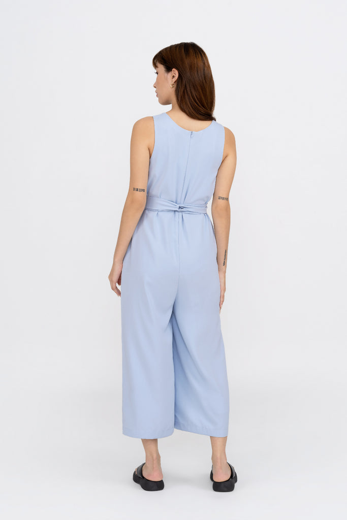 Yacht21, Yacht 21, yacht21, yacht 21, Y21, y21, womenswear, ladieswear, ladies, fashion, clothing, jumpsuit, fuss-free, low ironing, wrinkle free, casual, easy, versatile, comfortable, sleeveless, pockets, blue, green, pockets, detachable, sash, twist front, jumpsuit, Natacia Wide Leg Jumpsuit in Light Blue
