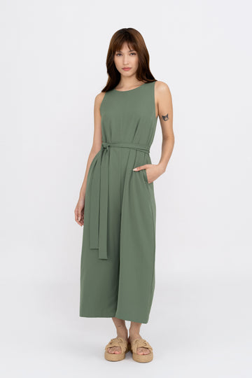Yacht21, Yacht 21, yacht21, yacht 21, Y21, y21, womenswear, ladieswear, ladies, fashion, clothing, jumpsuit, fuss-free, low ironing, wrinkle free, casual, easy, versatile, comfortable, sleeveless, pockets, blue, green, pockets, detachable, sash, twist front, jumpsuit, Natacia Wide Leg Jumpsuit in Sage Green