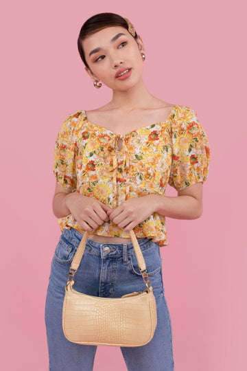 Eliza Printed Crop Top in blue and yellow - yacht 21 - y21 - floral , flowers , yellow , blue , sweetheart neckline , short sleeves , crop top , cropped top , peplum top , stretchable , casual , date night , summer , holiday , vacay , vacation , fuss free , wrinkle free , low ironing