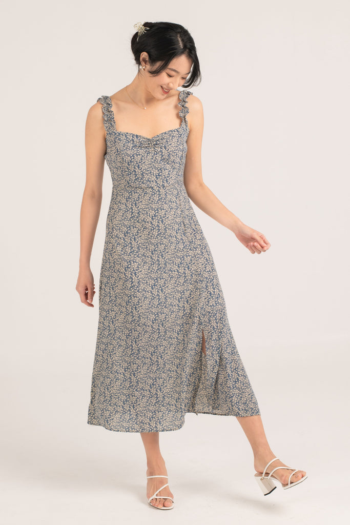 Josefina Floral Dress in Blue - Yacht 21 - Women , clothing , fashion , maxi dress , floral , A-line , sleeveless , holiday , summer , blue , ladies , resort , long dresses , flare , fuss free , date night , effortless piece , wrinkle free