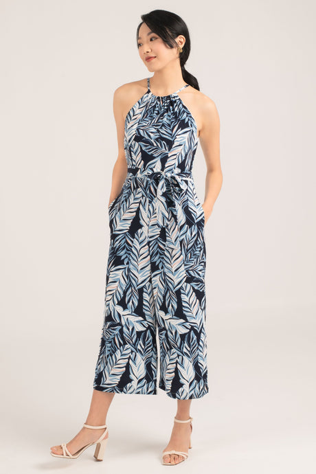 yacht 21 - irma tropical print jumpsuit - women / ladies clothing fashion - jumpsuit , pantsuit , midi , holiday , summer , vacation , vacay , urban resort wear , tropical , wrinkle free , versatile , sleevelss , soft breathable fabric , pockets