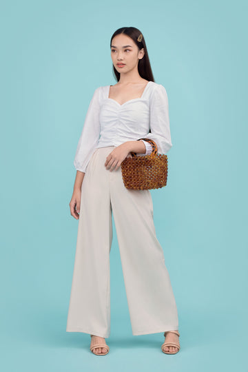 Micki Ruched Top with Lantern Sleeve - yacht 21 - y21 - cropped top , crop top , holiday , white top , ruching , long sleeves , summer , tight fit , urban resort wear , sweetheart neckline , fuss free , wrinkle free , low ironing , vacay , vacation