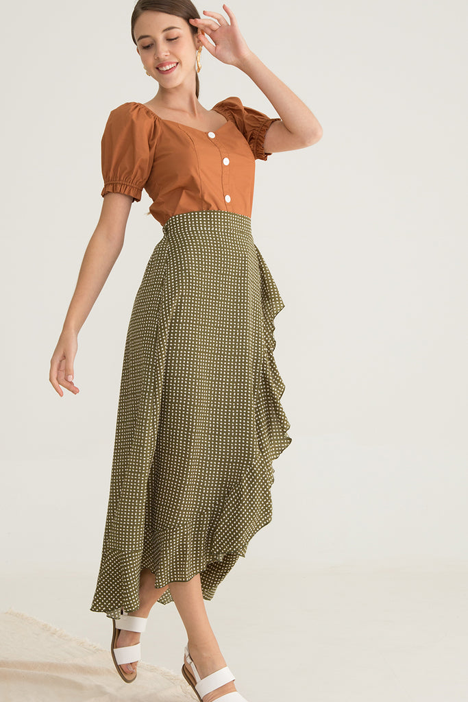 Nellssa Printed Ruffled Maxi Skirt - yacht 21 - y21 - women ladies fashion clothing - skirts , maxi skirts , polka dot , green , ruffles , casual , fuss free , low ironing , wrinkle resistant  , wrinkle free , stretchable , urban resort wear , fuss free , vacay , vacation , summer , holiday , staycay , staycation 