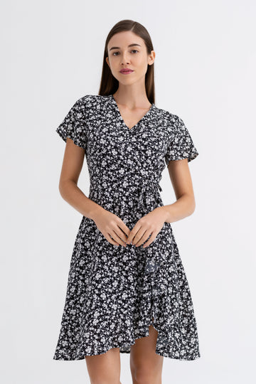 Yacht21, Yacht 21, yacht21, yacht 21, Y21, y21, womenswear, ladieswear, ladies, fashion, clothing, fuss-free, low ironing, casual, easy, versatile, comfortable, sleeves, floral, print, pattern, airy, light, lightweight, dress, short dress, simple, black, Holly Knot Side Wrap Dress in Black