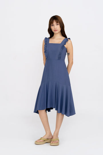 Yacht21, Yacht 21, yacht21, yacht 21, Y21, y21, womenswear, ladieswear, ladies, fashion, clothing, casual, easy, versatile, comfortable, elegant, feminine, classic, dress, midi dress, ruffle, sleeveless, minimal, simple, staple, basic, white, blue, Constance Ruffle Trim Dress in Slate Blue