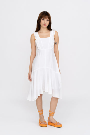 Yacht21, Yacht 21, yacht21, yacht 21, Y21, y21, womenswear, ladieswear, ladies, fashion, clothing, casual, easy, versatile, comfortable, elegant, feminine, classic, dress, midi dress, ruffle, sleeveless, minimal, simple, staple, basic, white, blue, Constance Ruffle Trim Dress in Daisy White