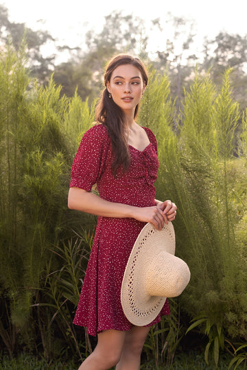 Celia Front Ruched Printed Dress in Red , Celia Front Ruched Printed Dress in Blue - yacht 21 - y21 - women ladies clothing fashion - short dress ,  mini dress , off shoulder dress , on shoulder dress , half sleeves , short sleeves , a-line fit , flare , blue , red , casual , date night , urban resort wear , ruching , summer , holiday , staycation , staycay , vacation , vacay , versatile , fuss free , wrinkle free , low ironing