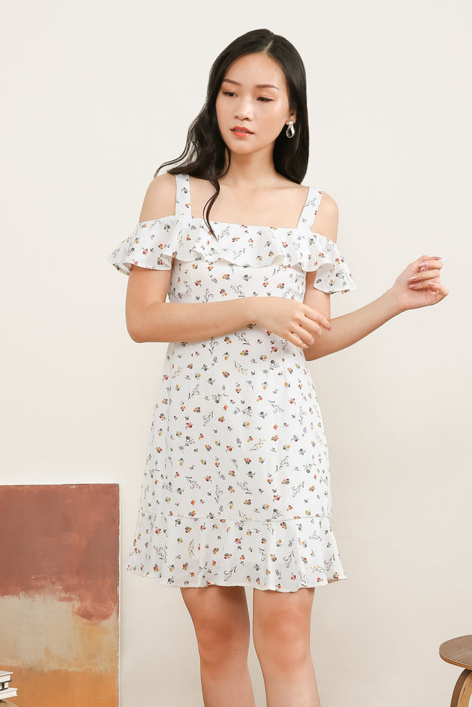 Madeline Printed Ruffle Dress In White - yacht 21 - y21 - women ladies clothing fashion - short dress , mini dress , floral , flowers , short sleeves , ruffles , white and blue , off shoulder , casual , summer , holiday , vacay , vacation , urban resort wear , fuss free , wrinkle free , low ironing