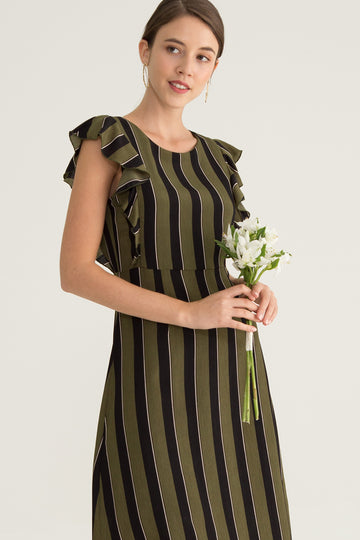 Clane Stripe Ruffle Midi Dress in Green - y21 - yacht 21 - Y21 - women ladies fashion clothing - midi dress , maxi dress , midaxi , stripes , green and black , ruffles , round neck , urban resort wear , summer , holiday , vacay , vacation , staycay , staycation , fuss free , low ironing , wrinkle free , wrinkle resistant 