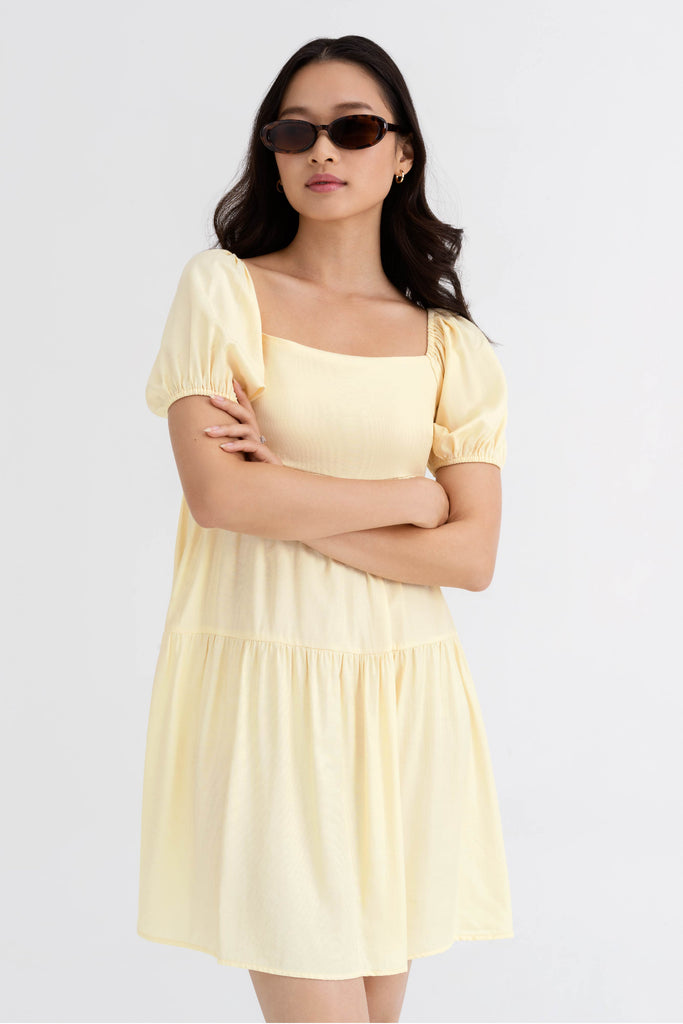 Yacht21, Yacht 21, yacht21, yacht 21, Y21, y21, womenswear, ladieswear, ladies, fashion, clothing, fuss-free, low ironing, wrinkle resistant, casual, easy, versatile, comfortable, sleeve, puff sleeve, short dress, dress, staple, minimal, simple, tiered, yellow, Clarissa Square Neck Tiered Dress