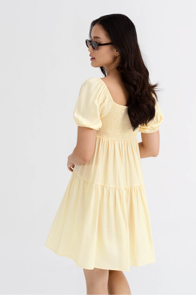 Yacht21, Yacht 21, yacht21, yacht 21, Y21, y21, womenswear, ladieswear, ladies, fashion, clothing, fuss-free, low ironing, wrinkle resistant, casual, easy, versatile, comfortable, sleeve, puff sleeve, short dress, dress, staple, minimal, simple, tiered, yellow, Clarissa Square Neck Tiered Dress