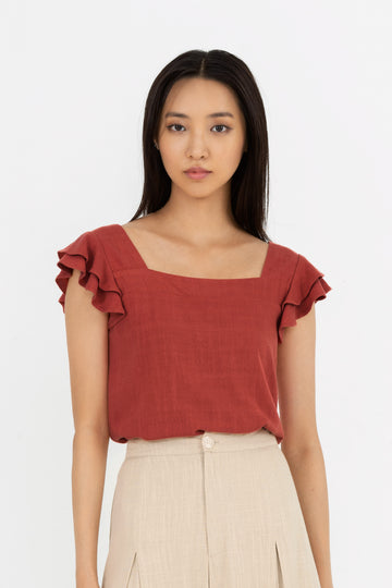 Yacht21, Yacht 21, yacht21, yacht 21, Y21, y21, womenswear, ladieswear, ladies, fashion, clothing, fuss-free, low ironing, casual, easy, versatile, comfortable, sleeves, ruffled, airy, lightweight, simple, minimal, top, essential, red, Mona Ruffle Cap Sleeve Top