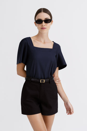 Yacht21, Yacht 21, yacht21, yacht 21, Y21, y21, womenswear, ladieswear, ladies, fashion, clothing, fuss-free, wrinkle resistant, low ironing, casual, easy, versatile, comfortable, airy, lightweight, simple, minimal, top, square neck, slits, blue, Michaela Square Neck Top in Navy Blue
