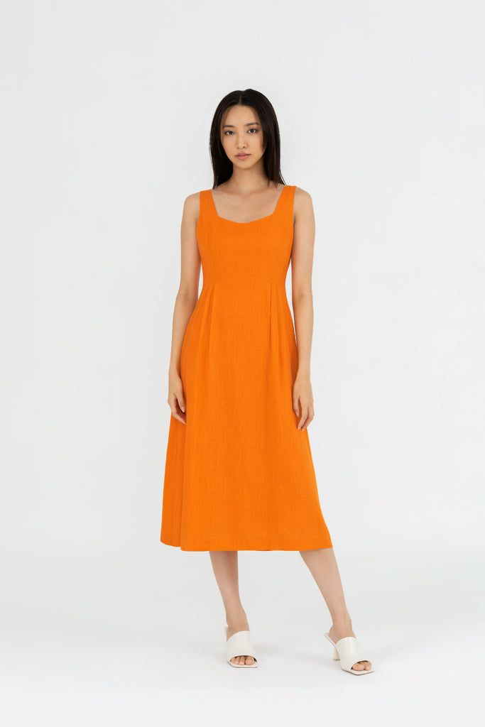 Yacht21, Yacht 21, yacht21, yacht 21, Y21, y21, womenswear, ladieswear, ladies, fashion, clothing, fuss-free, low ironing, casual, easy, versatile, comfortable, simple, minimal, feminine, classic, dress, midi dress, sleeveless, pockets, linen, sleek, orange, Aurelia Pleated Midi Dress in Tangerine Orange