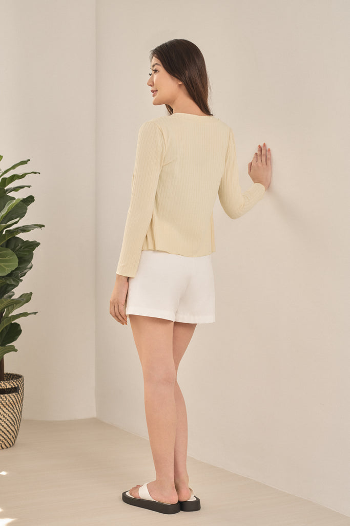 Yacht21, Yacht 21, yacht21, yacht 21, Y21, y21, womenswear, ladieswear, ladies, fashion, clothing,  fuss-free, low ironing, wrinkle free, casual, easy, versatile, classic, basic, top, cardigan, jacket, ribbed, textured, long, long sleeves, pink, yellow, blue, homewear, home, comfy, comfortable, cozy, relax, Blair Ribbed Long Cardigan in Yellow