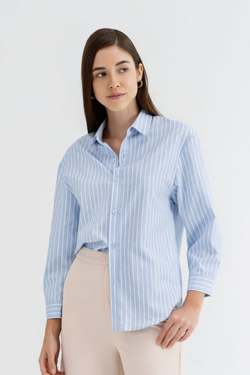 Yacht21, Yacht 21, yacht21, yacht 21, Y21, y21, womenswear, ladieswear, ladies, fashion, clothing, fuss-free, wrinkle resistant, low ironing, casual, easy, versatile, comfortable, airy, lightweight, simple, minimal, top, sleeves, polyester, blue, stripes, essential, Gwyneth Striped Buttoned Down Shirt in Maya Blue