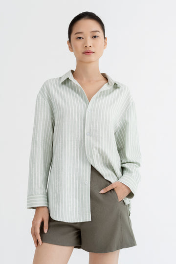 Yacht21, Yacht 21, yacht21, yacht 21, Y21, y21, womenswear, ladieswear, ladies, fashion, clothing, fuss-free, wrinkle resistant, low ironing, casual, easy, versatile, comfortable, airy, lightweight, simple, minimal, top, polyester, sleeves, green, stripes, essential, Gwyneth Striped Buttoned Down Shirt in Tea Green