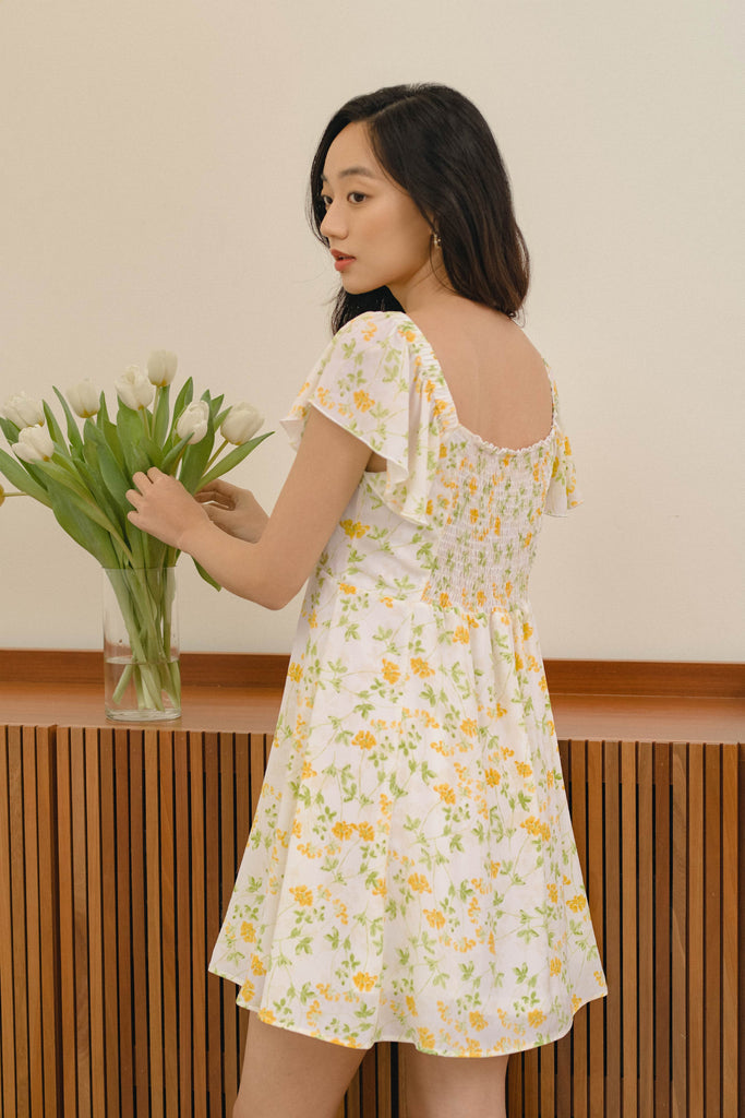 Yacht21, Yacht 21, yacht21, yacht 21, Y21, y21, womenswear, ladieswear, ladies, fashion, clothing,  fuss-free, low ironing, wrinkle resistant, casual, easy, versatile, comfortable, prints, printed, pattern, flora, elegant, feminine, sweet, classic, dress, short dress, mini dress, mini, flowly, off-shoulder, sleeves, yellow, spring, Aylin Floral Mini Dress