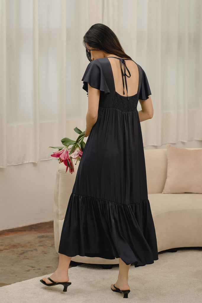 Yacht21, Yacht 21, yacht21, yacht 21, Y21, y21, womenswear, ladieswear, ladies, fashion, clothing,  fuss-free, low ironing, casual, easy, versatile, comfortable, elegant, feminine, classic, dress, maxi dress, maxi, knit, sleeves, butterfly, sleeve, ribbon, occasion, frill hem, flowy, navy, blue, simple, Levelle Butterfly-sleeve Maxi Dress