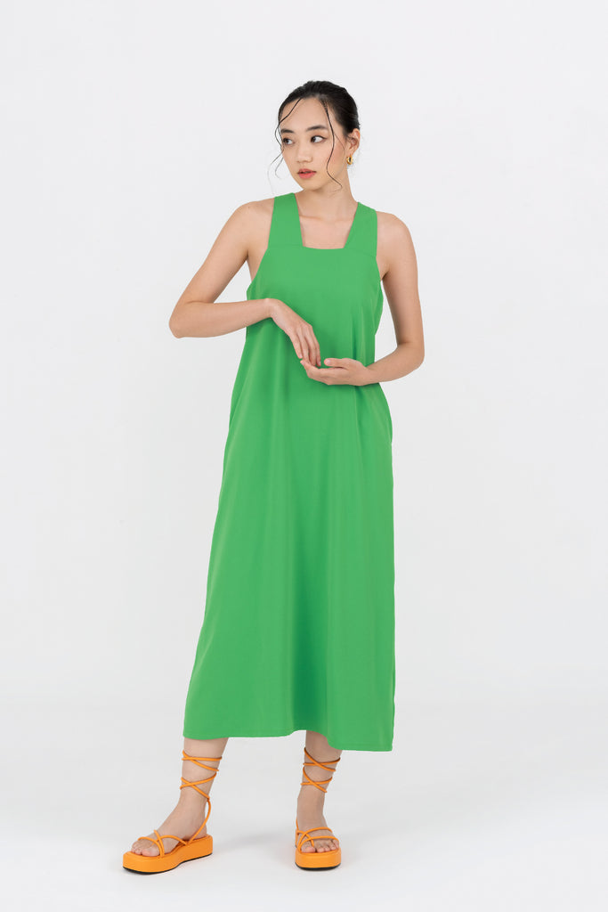 Yacht21, Yacht 21, yacht21, yacht 21, Y21, y21, womenswear, ladieswear, ladies, fashion, clothing, fuss-free, low ironing, wrinkle resistant, casual, easy, versatile, comfortable, sleeveless, midi dress, midi, dress, comfortable, green, pockets,Julia V-Back Midi Dress in Vibrant Green