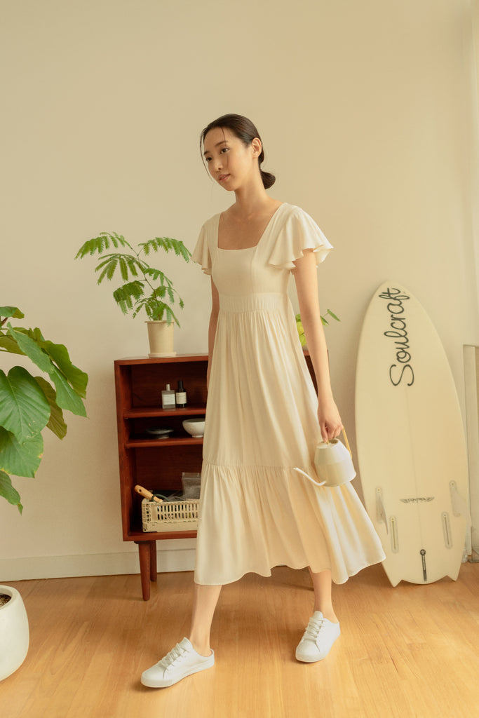 Yacht21, Yacht 21, yacht21, yacht 21, Y21, y21, womenswear, ladieswear, ladies, fashion, clothing, fuss-free, low ironing, casual, easy, versatile, comfortable, elegant, feminine, classic, dress, maxi dress, maxi, sleeves, butterfly, sleeve, ribbon, occasion, frill hem, flowy, cream, beige, romantic, simple, Calista Butterfly-Sleeve Maxi Dress in Cream Beige