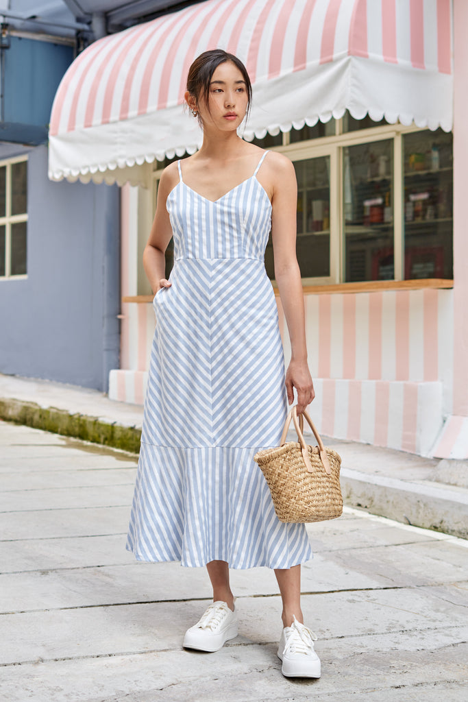 Yacht21, Yacht 21, yacht21, yacht 21, Y21, y21, womenswear, ladieswear, ladies, fashion, clothing,  fuss-free, low ironing, casual, easy, versatile, comfortable, simple, minimal, feminine, classic, dress, midi dress, sleeveless, striped, print, pattern, summer, pockets,  blue, white, Shauna Striped Midi Dress