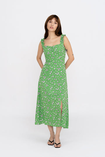 Yacht21, Yacht 21, yacht21, yacht 21, Y21, y21, womenswear, ladieswear, ladies, fashion, clothing,  fuss-free, low ironing, casual, easy, versatile, comfortable, elegant, feminine, classic, dress, floral, pattern, print,  sleeveless, ruffle, summer, green, Esmie Floral Ruffle Strap Dress in Spring Green