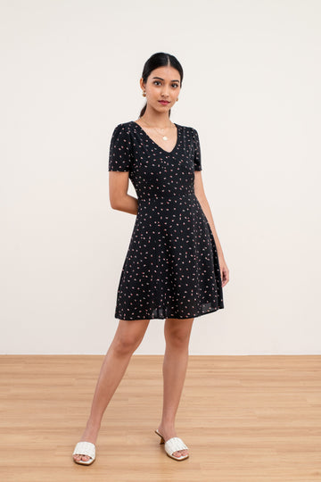 Georgina Printed Floral Dress in Black - yacht 21 - women / ladies clothing fashion - dresses , short , mini , floral , flowers , short sleeve , a-line , v-neckline , skater dress , casual , summer , holiday , vacay , vacation , fuss free , low ironing , wrinkle free