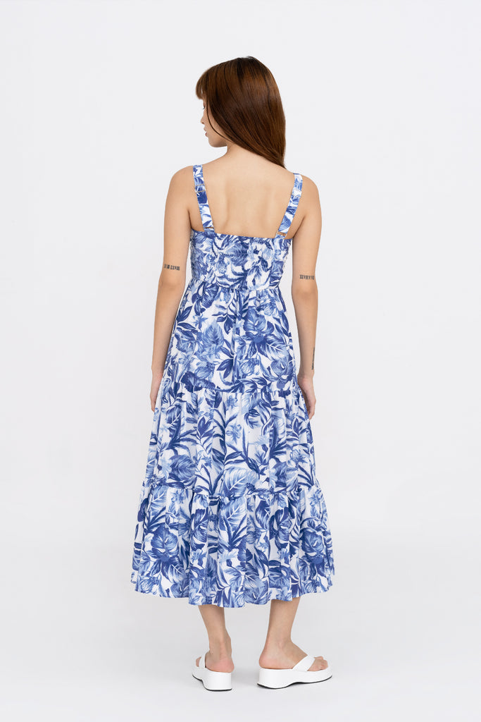 Yacht21, Yacht 21, yacht21, yacht 21, Y21, y21, womenswear, ladieswear, ladies, fashion, clothing, fuss-free, low ironing, wrinkle resistant, casual, easy, versatile, comfortable, prints, printed, pattern, adjustable straps, flora, elegant, occasion, feminine, tropical, classic, dress, midi dress, delicate, sleeveless, blue, Florence Tropical Printed Midi Dress