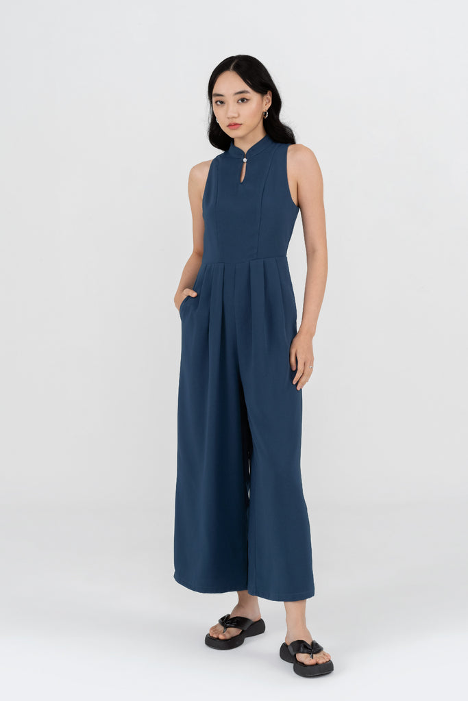 Yacht21, Yacht 21, yacht21, yacht 21, Y21, y21, womenswear, ladieswear, ladies, fashion, clothing, fuss-free, low ironing, wrinkle free, casual, easy, versatile, comfortable, sleeveless, blue, pockets, festive, mandarin collar, jumpsuit, Roxanne Mandarin Collar Jumpsuit in Teal Blue