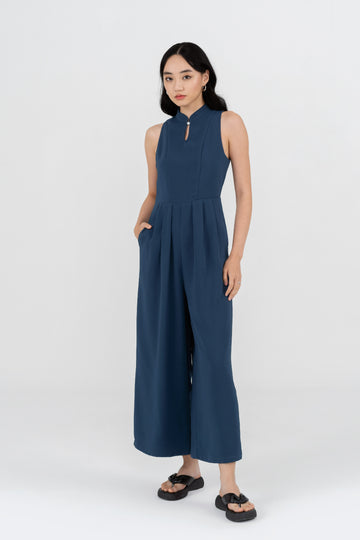 Yacht21, Yacht 21, yacht21, yacht 21, Y21, y21, womenswear, ladieswear, ladies, fashion, clothing, fuss-free, low ironing, wrinkle free, casual, easy, versatile, comfortable, sleeveless, blue, pockets, festive, mandarin collar, jumpsuit, Roxanne Mandarin Collar Jumpsuit in Teal Blue