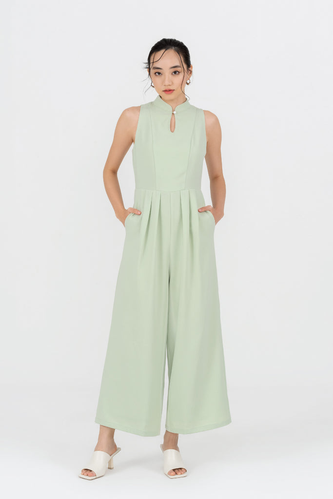 Yacht21, Yacht 21, yacht21, yacht 21, Y21, y21, womenswear, ladieswear, ladies, fashion, clothing, fuss-free, low ironing, wrinkle free, casual, easy, versatile, comfortable, sleeveless, green, pockets, festive, mandarin collar, jumpsuit, Roxanne Mandarin Collar Jumpsuit in Honeydew Green