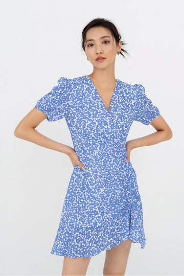 Yacht21, Yacht 21, yacht21, yacht 21, Y21, y21, womenswear, ladieswear, ladies, fashion, clothing, occasion, easy, comfortable, puff sleeves, sleeves, floral, print, pattern, airy, light, lightweight, dress, short dress, simple, blue, Paloma Printed Wrap Dress