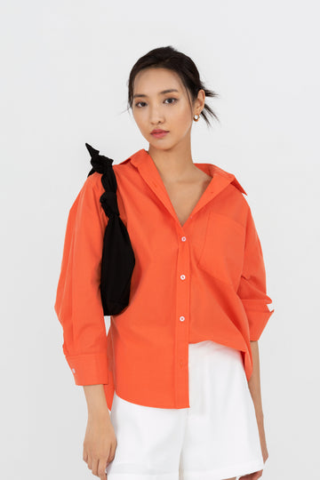 Yacht21, Yacht 21, yacht21, yacht 21, Y21, y21, womenswear, ladieswear, ladies, fashion, clothing, top, long sleeves, shirt, drop shoulder, button down front, essential, versatile, classic, timeless, minimalistic, contemporary, Festive collection, orange, Clarice Oversized Shirt in Bright Orange