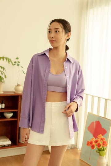 Yacht21, Yacht 21, yacht21, yacht 21, Y21, y21, womenswear, ladieswear, ladies, fashion, clothing, top, long sleeves, shirt, drop shoulder, button down front, essential, versatile, classic, timeless, minimalistic, contemporary, Festive collection, purple, Clarice Oversized Shirt in Lavender Purple