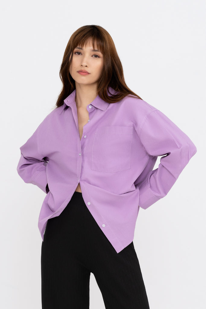 Yacht21, Yacht 21, yacht21, yacht 21, Y21, y21, womenswear, ladieswear, ladies, fashion, clothing, top, long sleeves, shirt, drop shoulder, button down front, essential, versatile, classic, timeless, minimalistic, contemporary, Festive collection, purple, Clarice Oversized Shirt in Lavender Purple