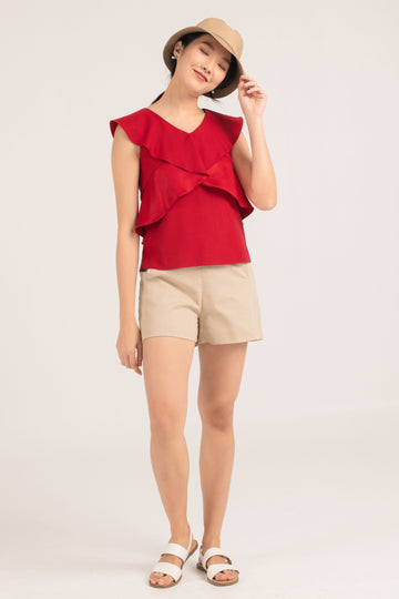 Denna Overlay Flutter Top In Red , Denna Overlay Flutter Top In Blue , Denna Overlay Flutter Top In white - yacht 21 - y21 - Y21 - women ladies clothing fashion - top , blouse , work wear , red , blue , white , ruffles , v-neckline , flutter top , sleeveless , festive , cny , christmas , xmas , lunar new year , urban resort wear , casual , summer , holiday , vacay , vacation , staycay , staycation , fuss free , wrinkle free , low ironing , wrinkle resistant
