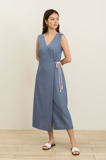 Azula Sleeveless Wrap Dress - yacht 21 - y21 - women ladies clothing fashion - midi dress , maxi dress , v-neckline , sleeveless , casual , wrap dress , blue dress , summer  , holiday , urban resort wear , fuss free , low ironing , wrinkle free